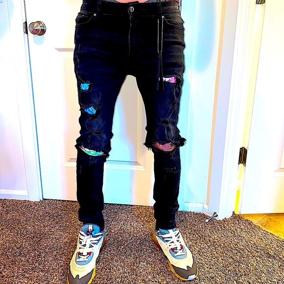 Amiri Hawaiian Silk Patch Denim Jeans 